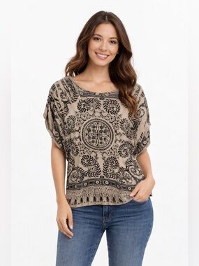 Charlotte Russe Beige & Black Boho Print Dolman Knit Top Size S